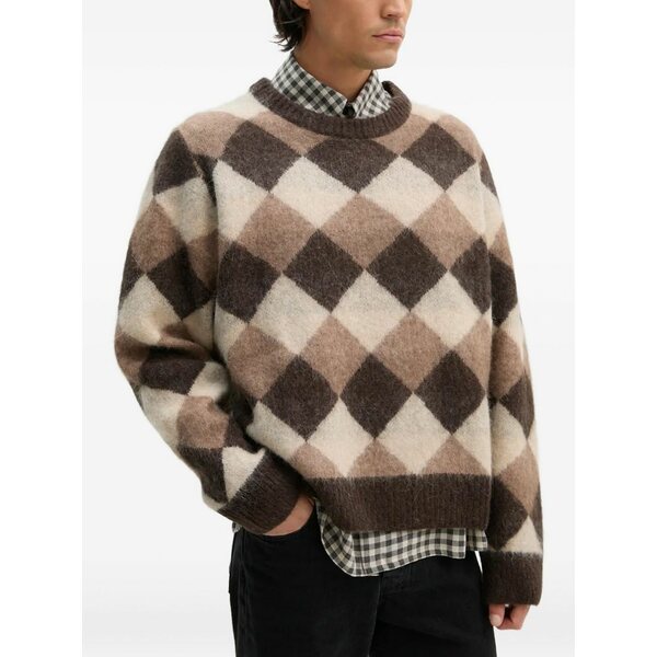 ウォンハンドレッド メンズ ニット&セーター アウター Argyle-pattern crew-neck sweater Brown|asty