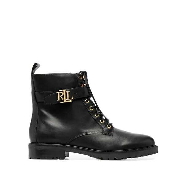 ラルフローレン レディース ブーツ シューズ Burnished logo-plaque lace-up leather boots Black 靴-レディース靴