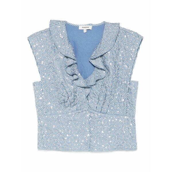 サンドロ レディース シャツ トップス Ruffled striped top Blue｜asty