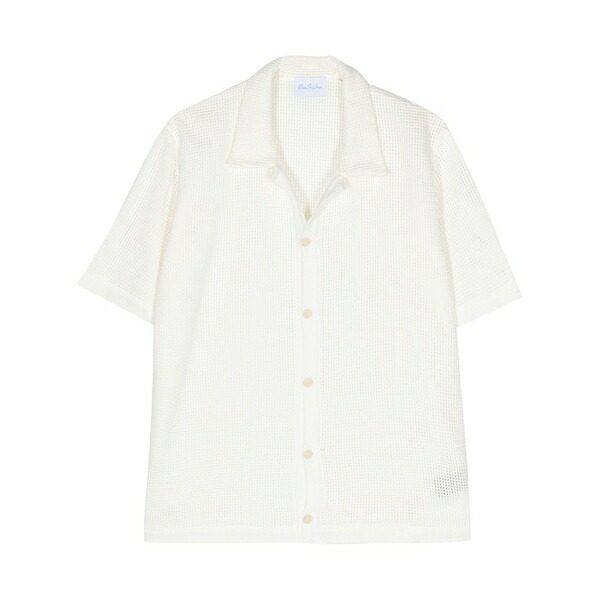 ブルー スカイ イン メンズ シャツ トップス Waffle-pattern bowling shirt White|asty