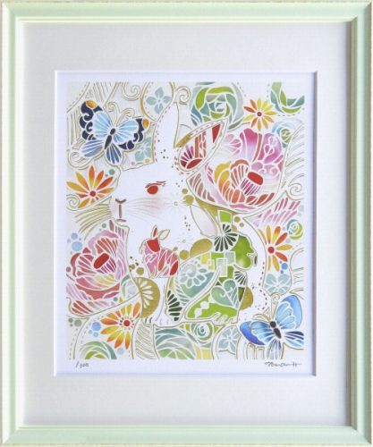 楽天市場】土田穣 絵画・アート(版画額装品)/ピンクの花/ウサギ