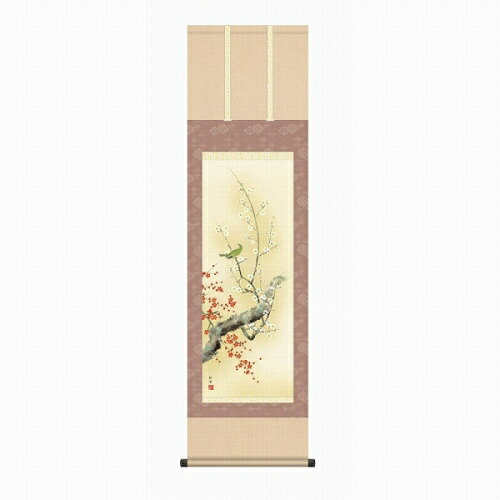 【掛け軸・掛軸】田村竹世『紅白梅に鶯（尺三立）』版画+手彩色■表装済み・新品★