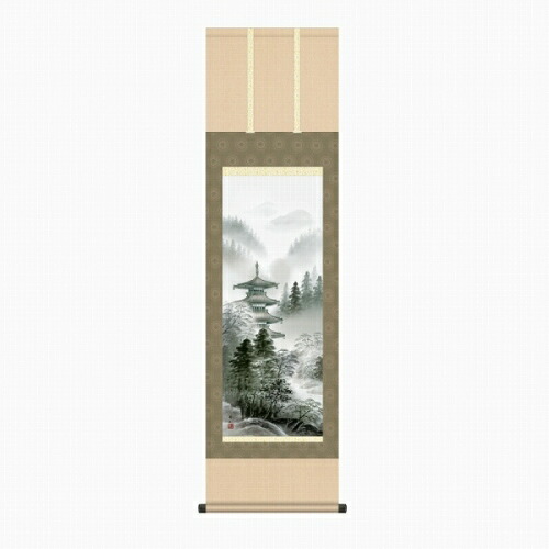 【掛け軸・掛軸】鈴村秀山『水墨塔景（尺三立）』版画+手彩色■表装済み・新品★