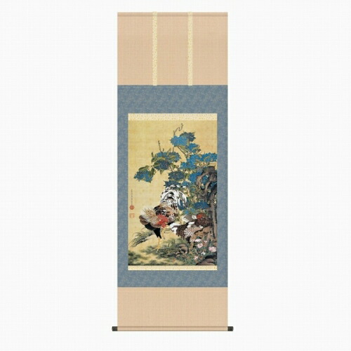 人気商品 掛け軸 掛軸 伊藤若冲 紫陽花双鶏図 尺五立 版画 手彩色 表装済み 新品 Baltwindows Lt