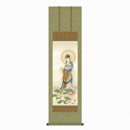 【掛け軸・掛軸】高畠周峰『蓮上観音（尺三立）』版画+手彩色■表装済み・新品★