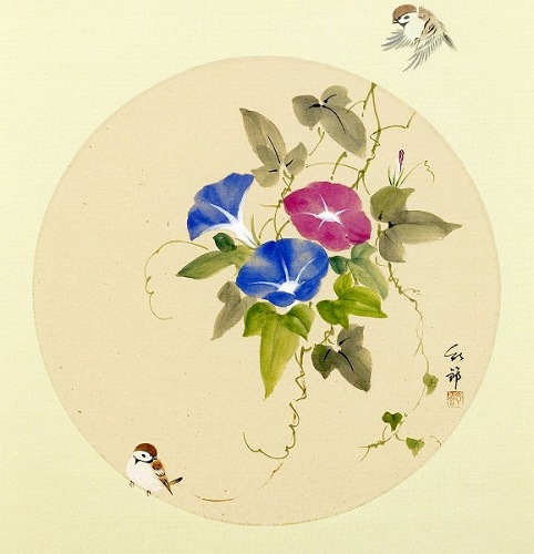 掛け軸 掛軸 大野ルージュ段 朝顔に雀 日本ピクチャー 表装済み 新品 Newbyresnursery Com