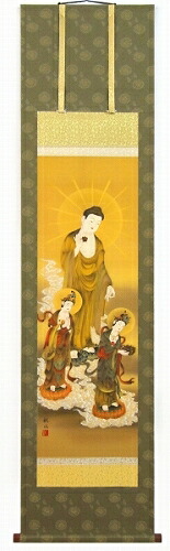 【掛け軸・掛軸】浮田秋水『阿弥陀三尊(尺三立)』版画+手彩色■表装済み・新品★|アート明日香
