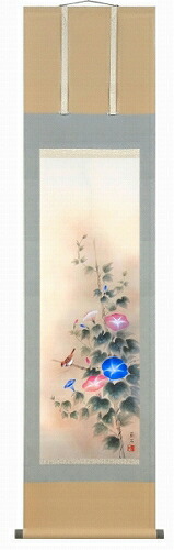 【掛け軸・掛軸】高見蘭石『朝顔(尺三立)』版画+手彩色■表装済み・新品★|アート明日香
