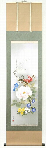 【掛け軸・掛軸】山村観峰『四季花（尺三立）』版画＋手彩色■表装済み・新品★｜アート明日香 10,164円