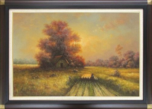 【値下げ】 油絵 S・ワーグナー『羊飼い(M30号)』 肉筆 油彩画 額縁付|アート明日香
