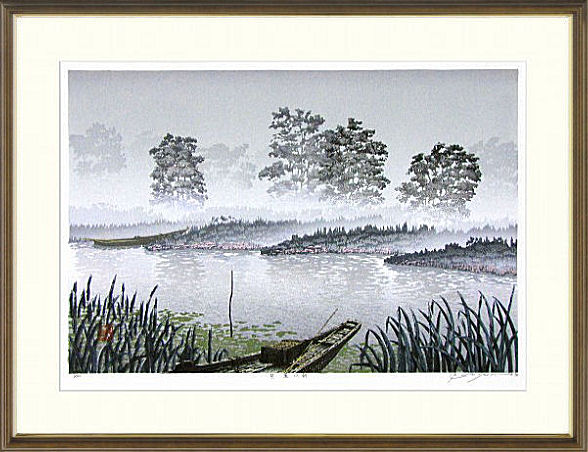 ◇ 宮本秋風 『 夕富士 』 木版画 宮本秋風 木版画「冬来」ぼかし摺 額装