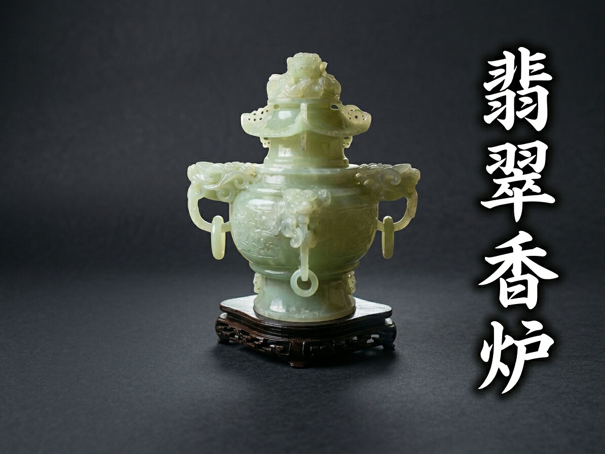 翡翆 香炉 玉石 刻みつける 透かし彫り 天然石