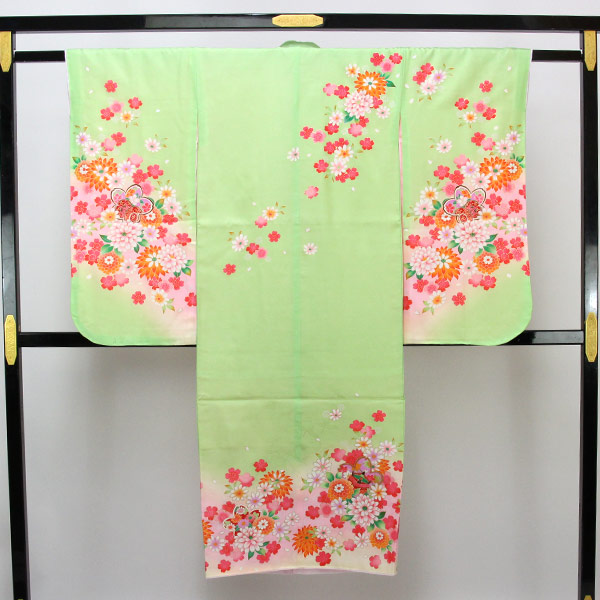 七五三 お召しもの 新品 正絹 お召しもの 7歳用 売りわたす お正月 ひな祭り 鼓 緑 あすかや [商いもの電話番号pt3193]