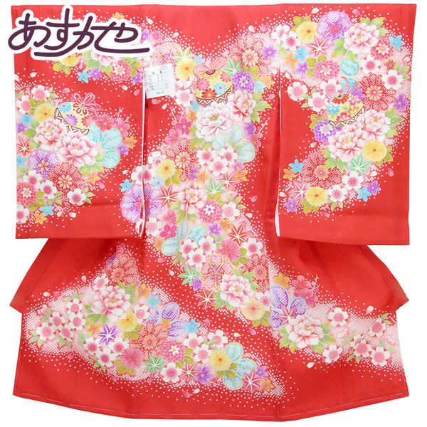 【お仕立て上がり】初着 女の子 産着 祝着 お祝い着 着物 正絹 お宮参り 赤ちゃん ベビー 毬に花 赤色 あすかや [商品番号pt3388]｜あすかや