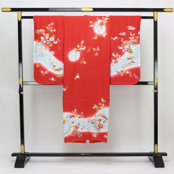 七五三 着物 新品 正絹 着物 7歳用 販売 お正月 ひな祭り 花車 赤 あすかや [商品番号pt3701]