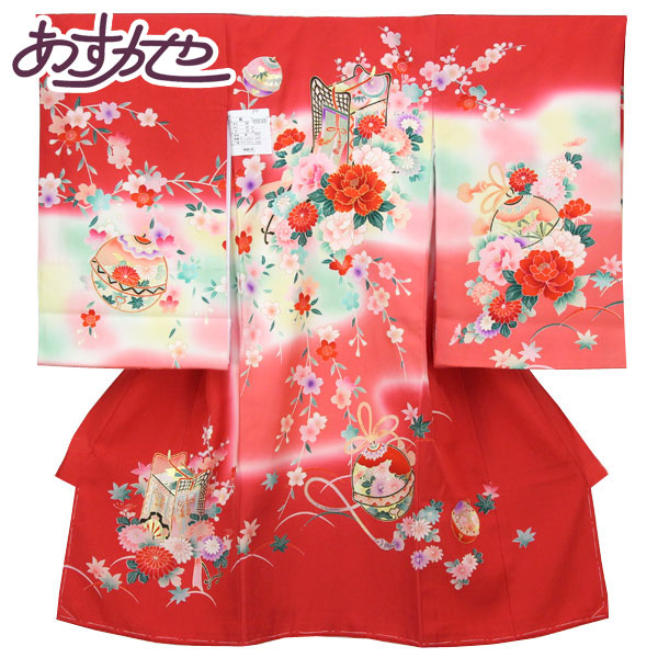 【お仕立て上がり】初着 女の子 産着 祝着 お祝い着 御所車 金駒刺繍 赤色 あすかや [商品番号pt3796]