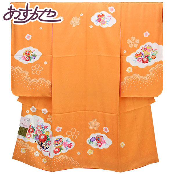円 超大特価 新品 正絹 七五三 着物 7歳用 女の子 販売 お正月 ひな祭り 花車 オレンジ 商品番号pt3852