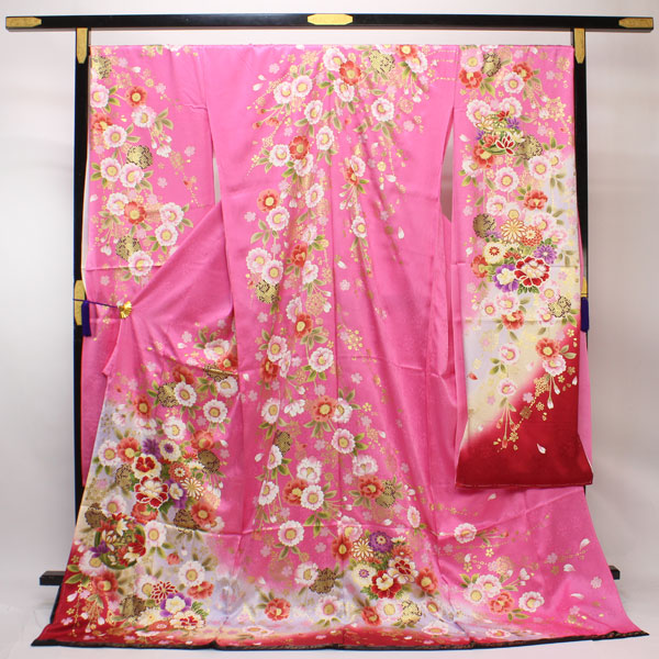 着物 振袖 豪華 綸子 紗綾形地紋 金彩加工 花意匠 刺繍 未仕立て あすかや [商品番号fs248]