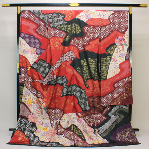 着物 振袖 丹後ちりめん 銀通し生地 金駒刺繍 金彩加工 鞠に藤 未仕立て あすかや [商品番号fs256]｜あすかや 46,200円