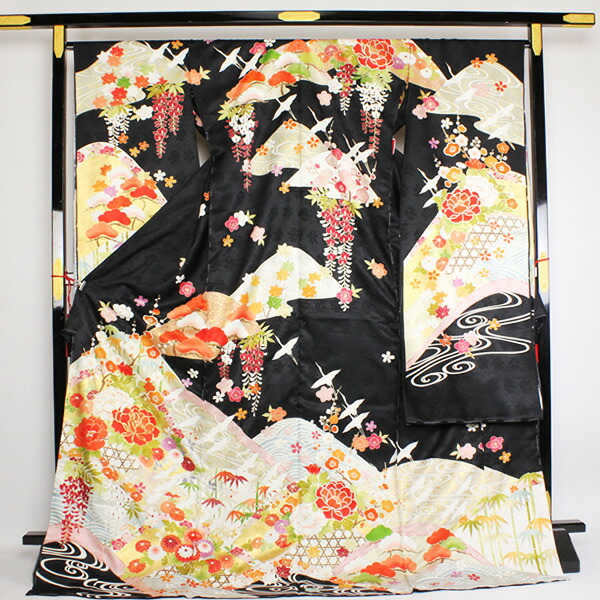 着物 振袖 豪華！手描き友禅染 黒地 紋綸子 金駒刺繍 未仕立て あすかや [商品番号fs28]｜あすかや