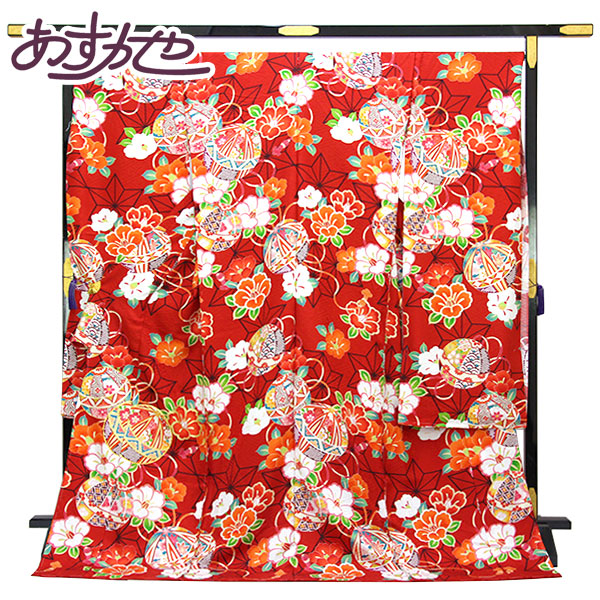 着物 振袖 紗綾形に花地紋 綸子 金彩加工 金駒刺繍 麻の葉と毬 未仕立て あすかや [商品番号fs521]