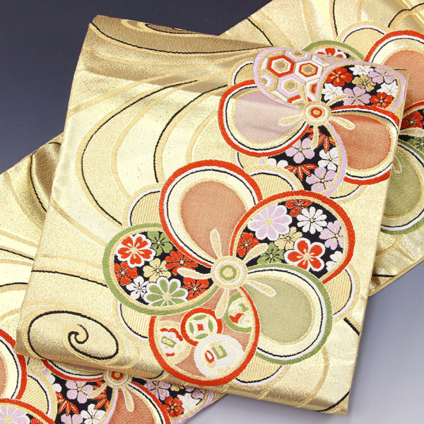 未着用　袋帯　意匠　田中あすか　石刷更紗　縦縞　唐花模様　着物　044a p 未着用 袋帯 意匠 田中あすか 石刷更紗 縦縞 唐花模様 着物 044a