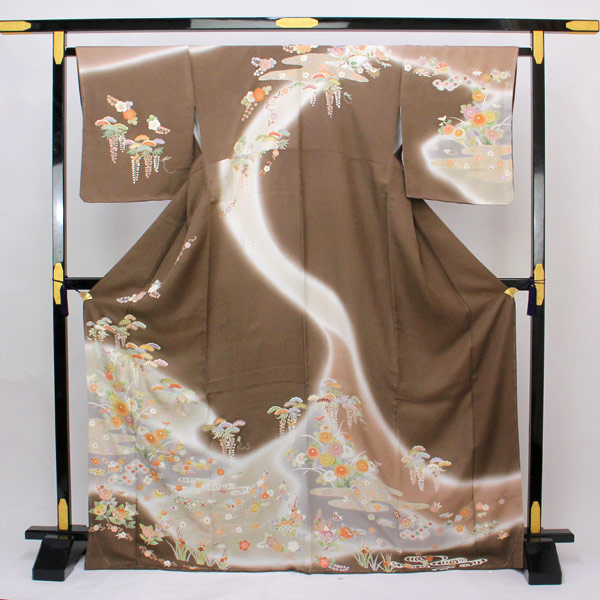 【お仕立て上がり】着物 正絹胴裏 新品 仕立済 本手加工 友禅 訪問着 金彩加工 丹後ちりめん Fサイズ 茶色系 結婚式 お茶席 入園 入学式 卒園 卒業式 pt1845 あすかや [商品番号pt1845]｜あすかや