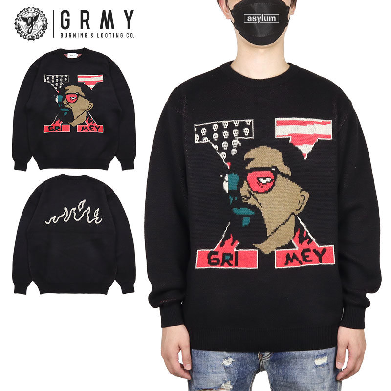 【 25%OFF】【期間延長SUMMER SALE開催中】グライミー セーター GRIMEY ニット 綿100％ メンズ レディース ブランド 大きいサイズ おしゃれ おすすめ 人気 黒 grimey24aw005 ブラック M L XL｜ストリート系B系通販 ASYLUM