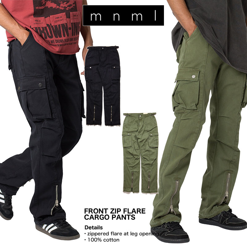 【27%OFF】【P10倍】【MAX88%OFF 誕生祭FINAL 最大20％OFFクーポン配布】ミニマル カーゴパンツ mnml フレアパンツ ブーツカット ストレート 2way 裾ジップ メンズ ブランド 大きいサイズ おしゃれ おすすめ 人気 黒 mnml118 ブラック オリーブ 28 29 30 32 34 36 38