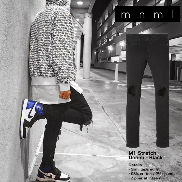 【店卸し資産取り計らう20%OFF】mnml 伸ばすこと 裾ZIPジップ ダメージクラッシュジーンズ mnml M1 STRETCH DENIM BLACK/ミニマル ジーンズ/クラッシュデニムパンツ/スキニー/か細い填まる/B系/表どおり系メンズ流行り物