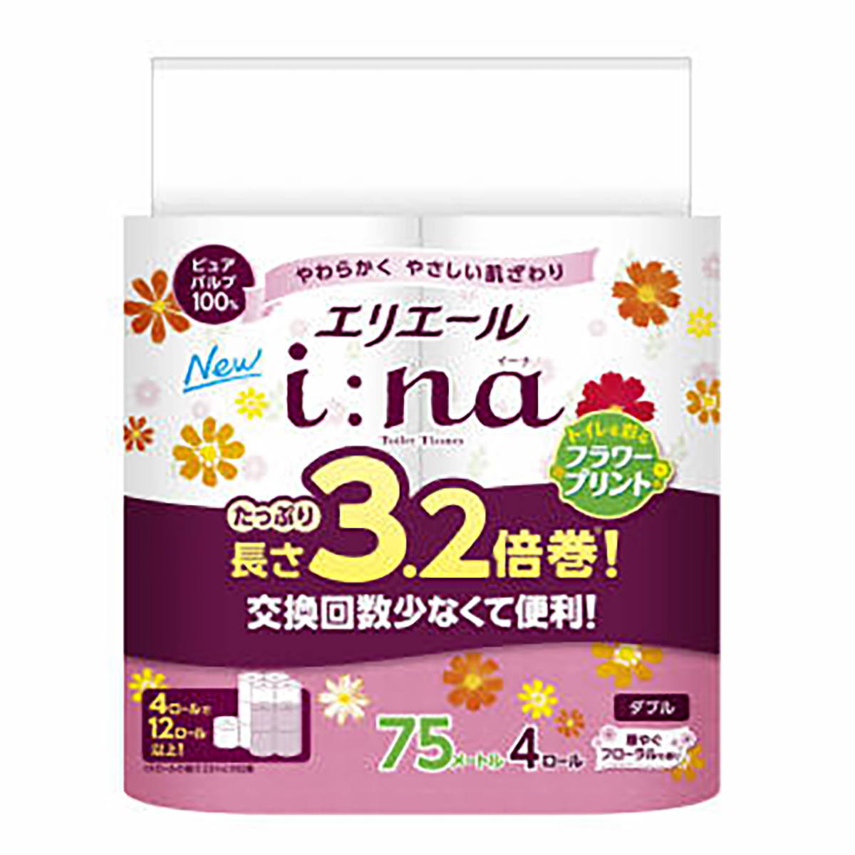 大王製紙 エリエール i:na イーナ トイレット 3.2倍巻 プリント 華やぐフローラルの香り 4ロール入 卸売り