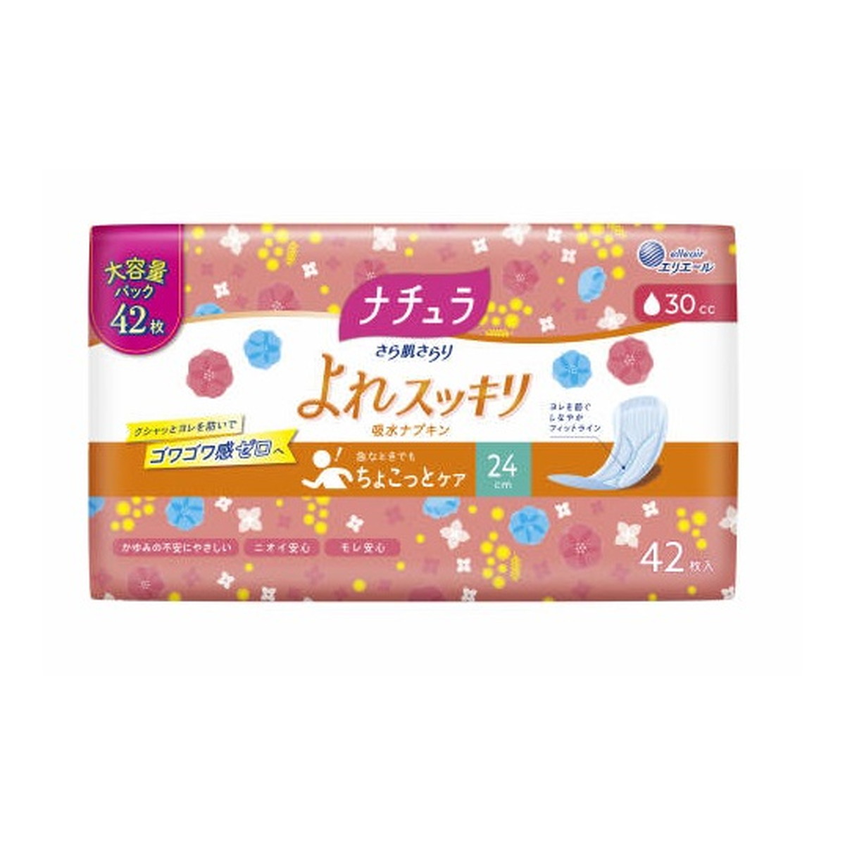 【送料込・まとめ買い×12個セット】大王製紙 ナチュラ さら肌さらり よれスッキリ 吸水ナプキン 24cm ロング 30cc 42枚 大容量