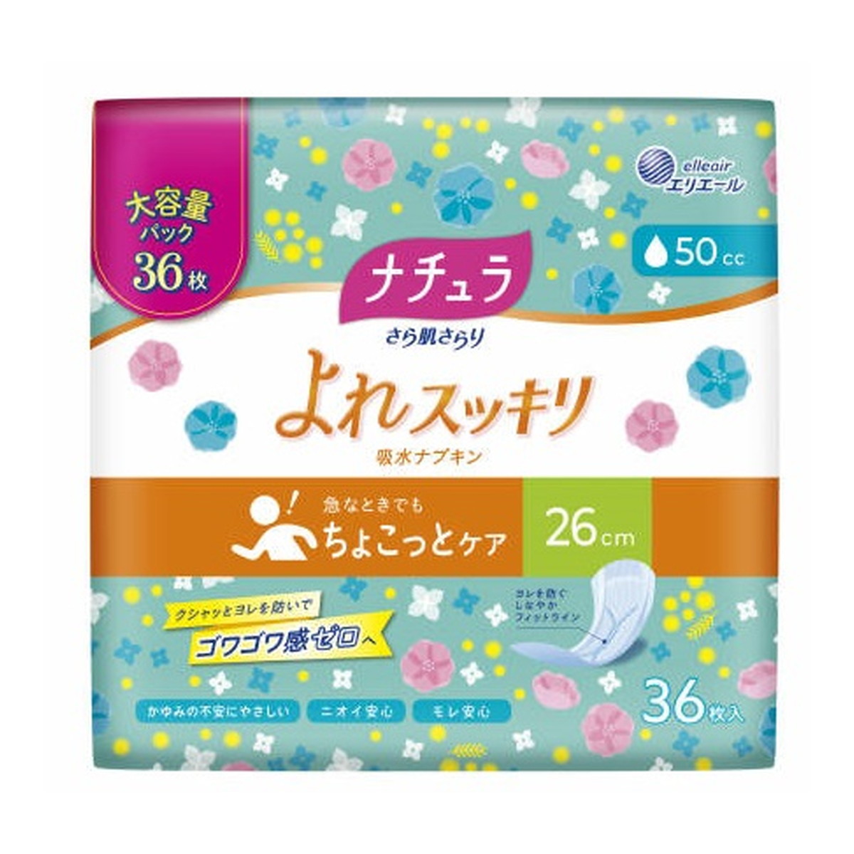 【送料込・まとめ買い×10個セット】大王製紙 ナチュラ さら肌さらり よれスッキリ 吸水ナプキン 26cm ロング 50cc 36枚 大容量|姫路流通センター