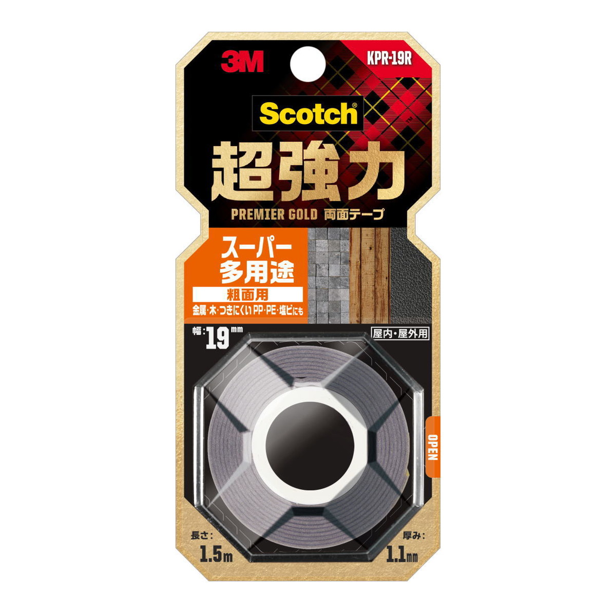 【送料込・まとめ買い×10個セット】3M スコッチ 超強力 両面テープ プレミアゴールド スーパー 多用途 粗面用 19mm×1.5m