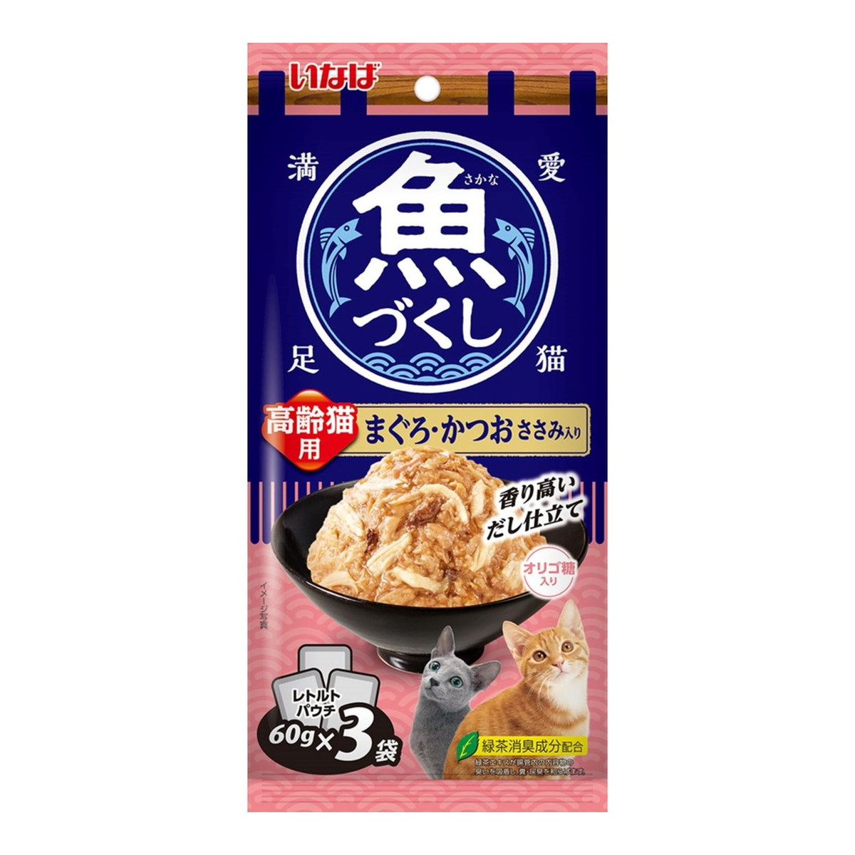 【送料込・まとめ買い×24個セット】いなば 魚づくし 高齢猫用 まぐろ かつお ささみ入り 3袋入り キャットフード
