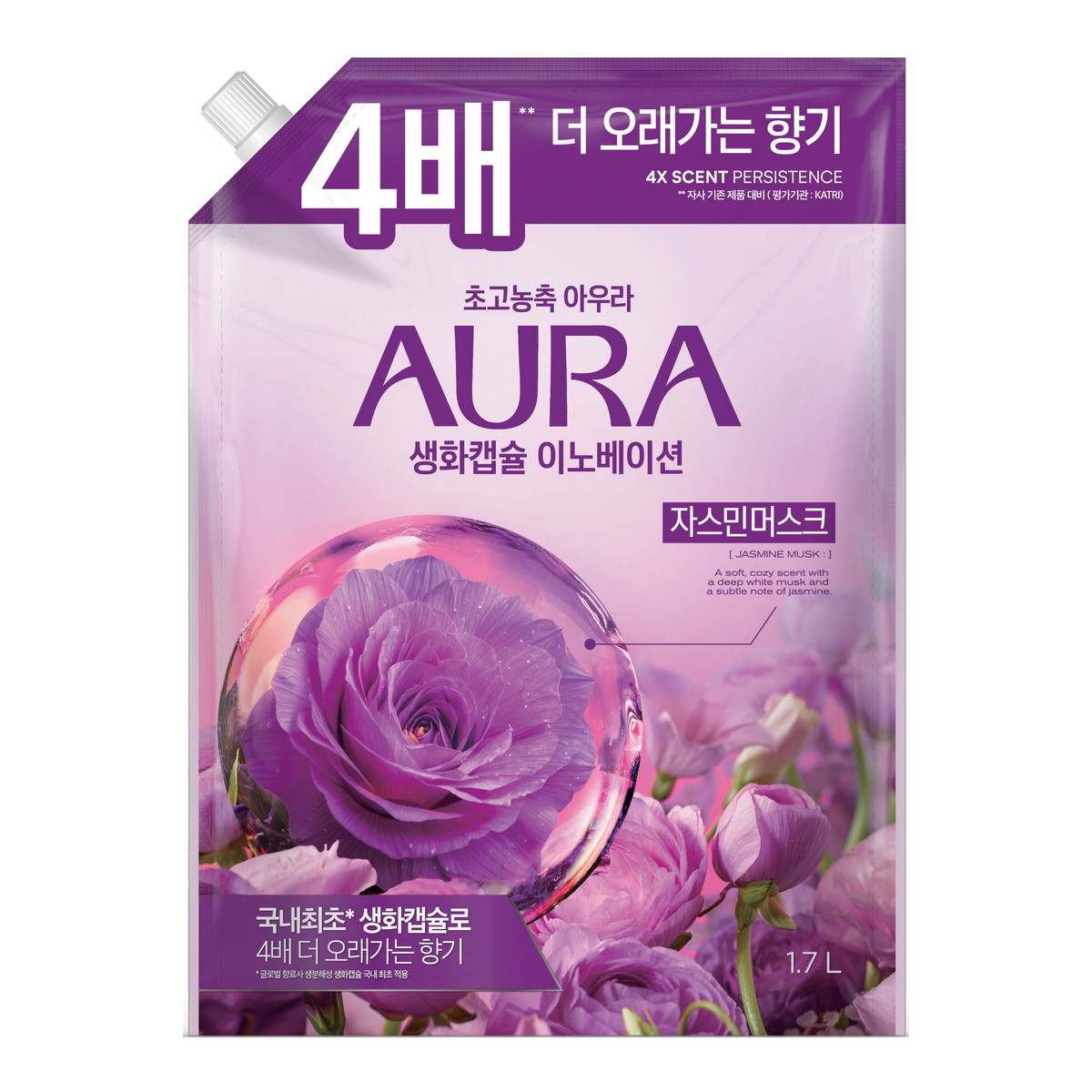 【送料込・まとめ買い×8個セット】トイレタリージャパン 香りサフロン AURA 生花カプセル ジャスミンムスク 柔軟剤 つめかえ用 1700ml