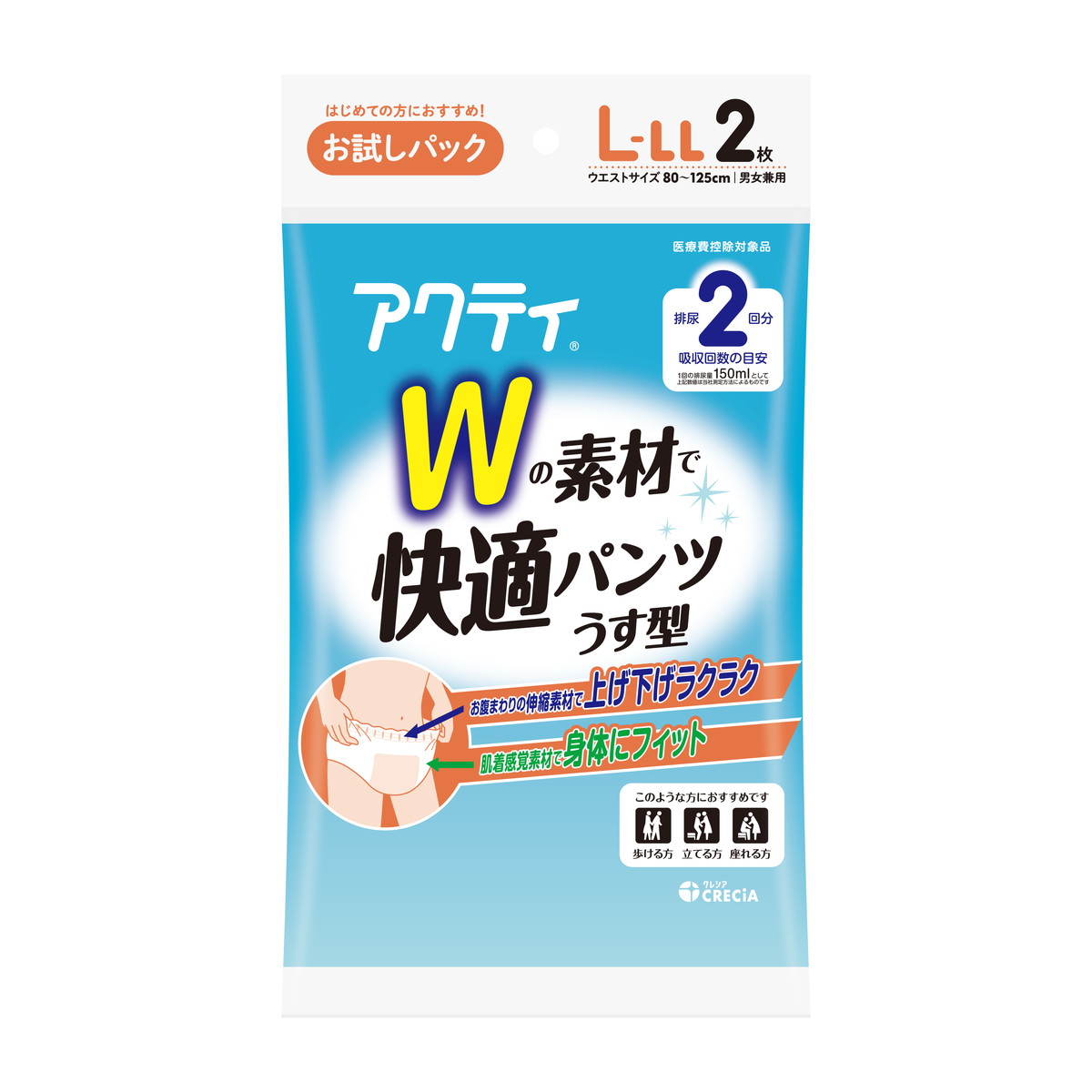 【送料込・まとめ買い×16個セット】日本製紙クレシア アクティ Wの素材で快適パンツ うす型 L-LLサイズ お試しパック 2枚入 大人用紙おむつ
