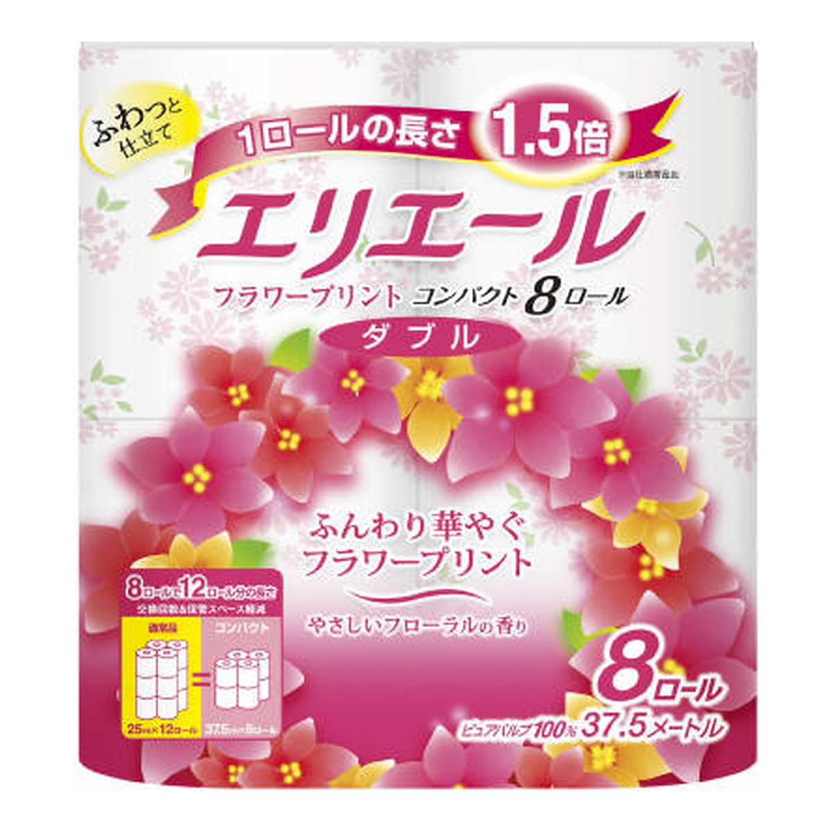 【送料込・まとめ買い×12個セット】大王製紙 エリエール トイレットティシュー フラワープリント コンパクト 8ロール入 ダブル トイレットペーパー