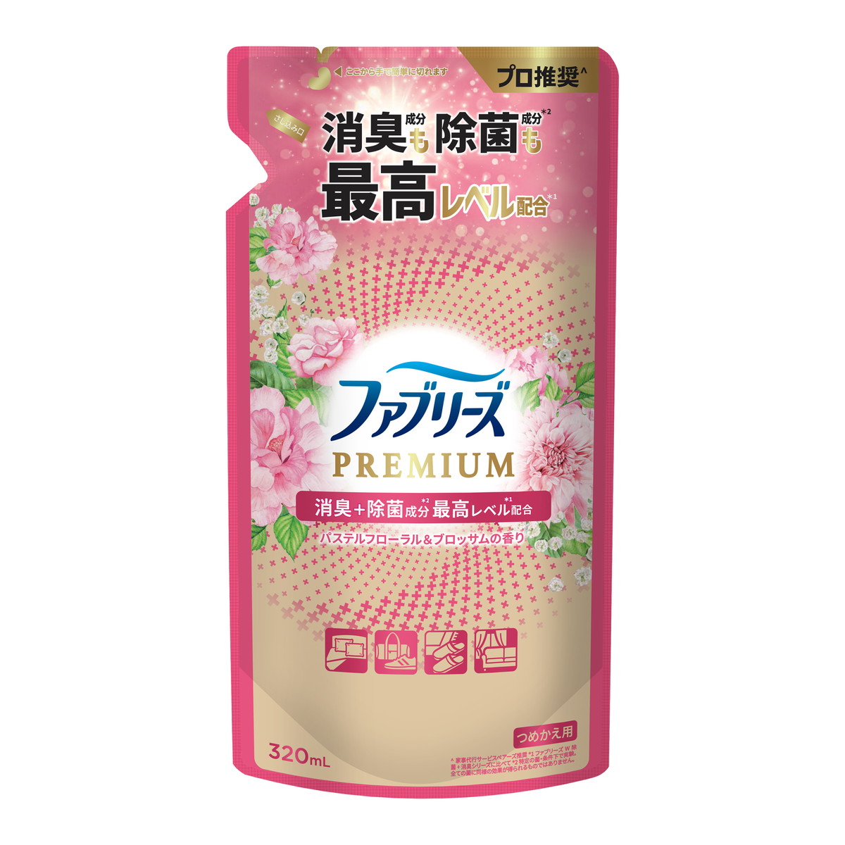 【送料込・まとめ買い×24個セット】P&G ファブリーズ W除菌 + 消臭プレミアム パステルフローラル&ブロッサムの香り つめかえ用 320mL 衣類・布製品消臭剤