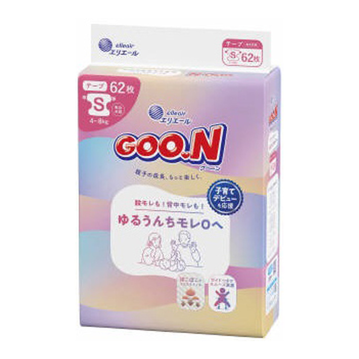 【今月のオススメ品】【送料込・まとめ買い×3個セット】グーン ゆるうんちモレ0へ Sサイズ テープ 62枚 こども用紙おむつ