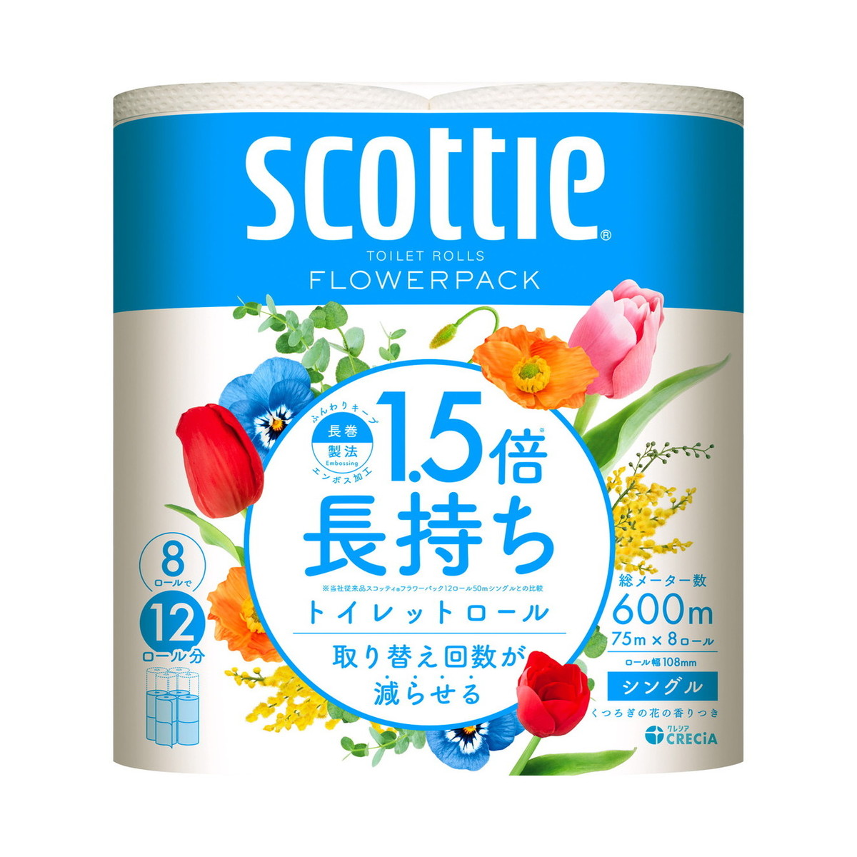 【送料込・まとめ買い×8個セット】日本製紙クレシア スコッティ フラワーパック 1.5倍巻き シングル 8ロール