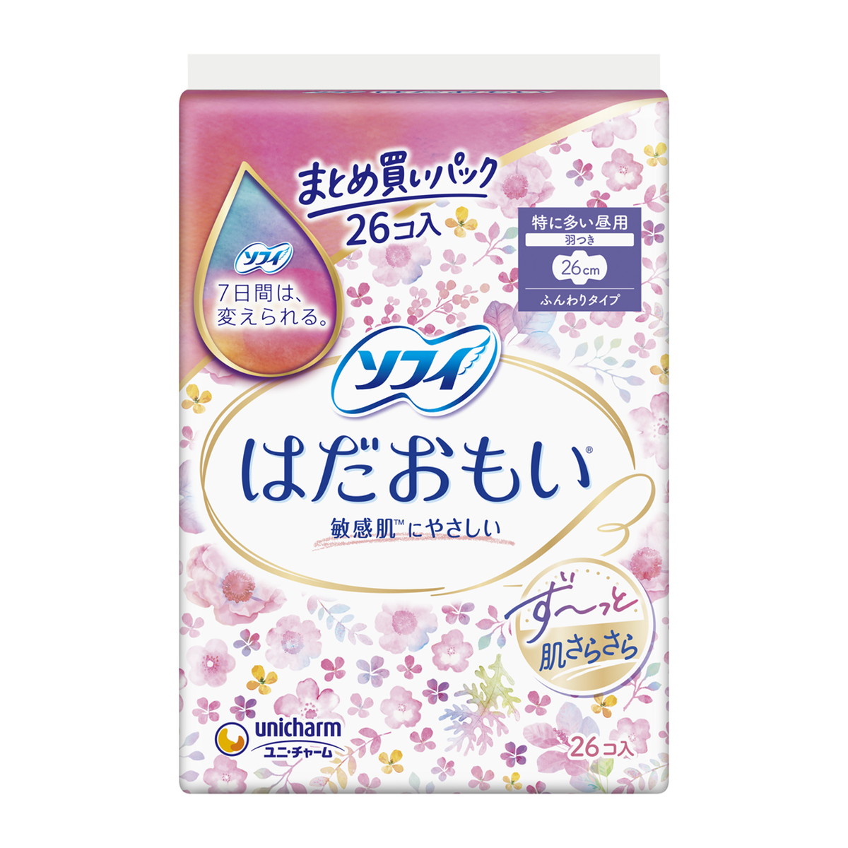 【送料込・まとめ買い×8点セット】ユニ・チャーム ソフィ はだおもい 特に多い昼用 260 羽つき 26枚入 ナプキン 大容量 ファミリーパック
