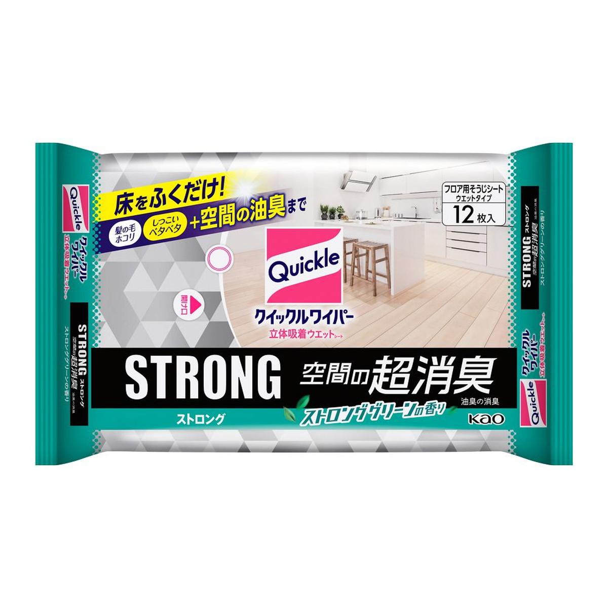 【送料込・まとめ買い×10個セット】花王 クイックルワイパー 立体吸着ウエットシート ストロング 空間の超消臭 12枚入 フロア用そうじシート ウエットタイプ