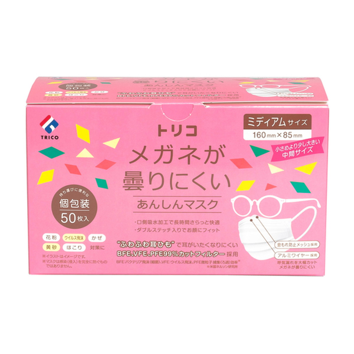 【送料込・まとめ買い×10個セット】トリコ メガネが曇りにくい あんしんマスク 個包装 ミディアム 50枚入 マスク