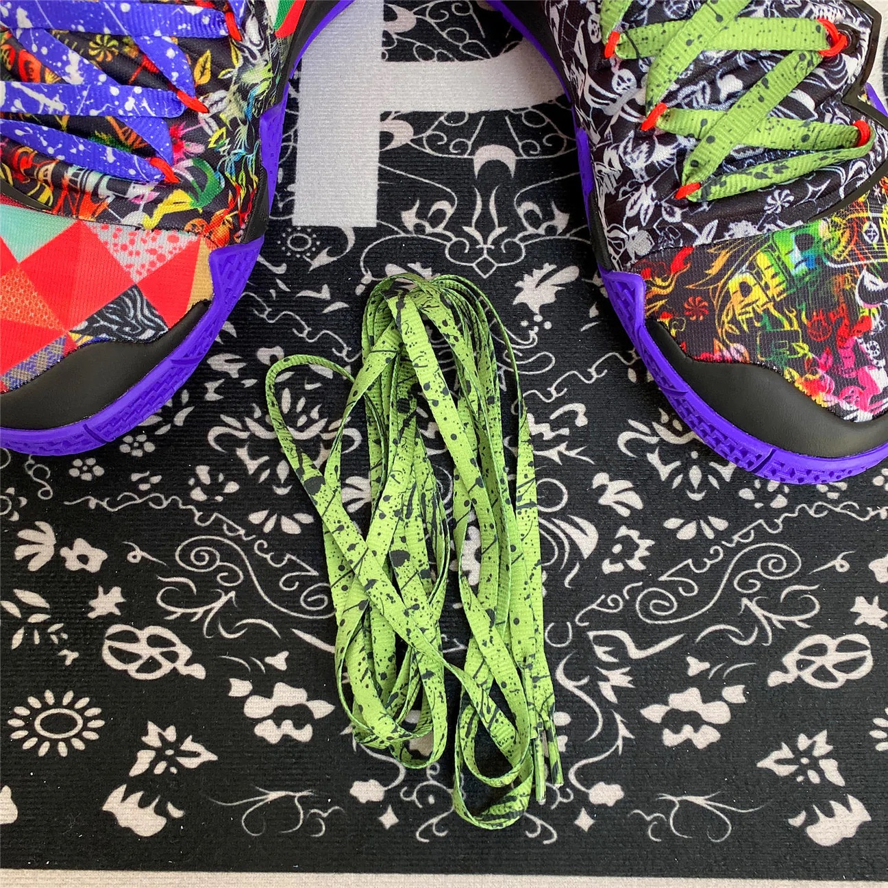 ARATA スプラッシュ シューレース グリーン&ブラック 120cm・140cm スニーカー 靴紐 くつ紐画像