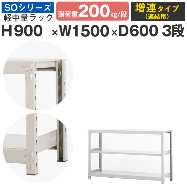 【クーポンあり】 スチールラック ラック 棚 業務用 幅150 奥行60 高さ90 3段 耐荷重200kg/段 増連 スチール棚 収納棚 ボルトレス 軽中量棚 シェルフ オープンラック オフィス 倉庫 国産 SOシリーズ