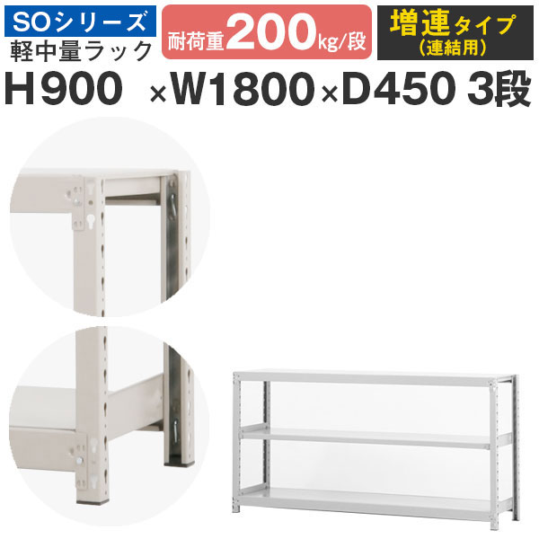 【クーポンあり】 スチールラック ラック 棚 業務用 幅180 奥行45 高さ90 3段 耐荷重200kg/段 増連 スチール棚 収納棚 ボルトレス 軽中量棚 シェルフ オープンラック オフィス 倉庫 国産 SOシリーズ