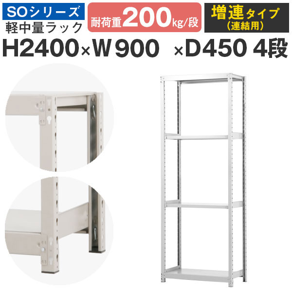 【クーポンあり】 スチールラック ラック 棚 業務用 幅90 奥行45 高さ240 4段 耐荷重200kg/段 増連 スチール棚 収納棚 ボルトレス 軽中量棚 シェルフ オープンラック オフィス 倉庫 国産 SOシリーズ