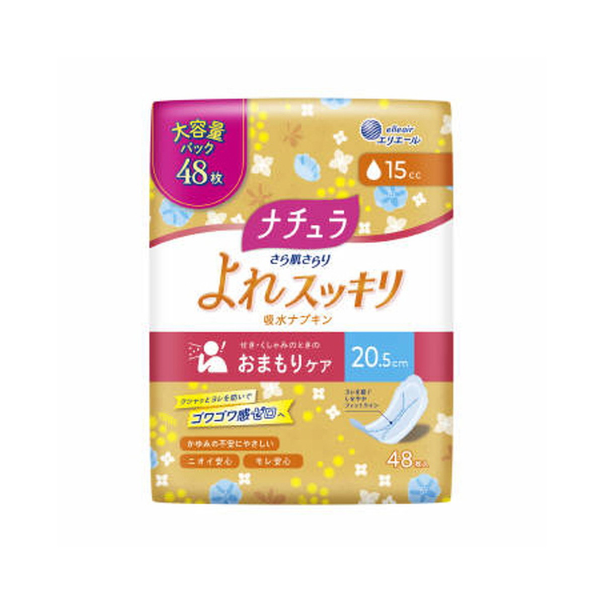【送料込・まとめ買い×24個セット】大王製紙 ナチュラ さら肌さらり よれスッキリ 吸水ナプキン 20.5cm 15cc 大容量 48枚入