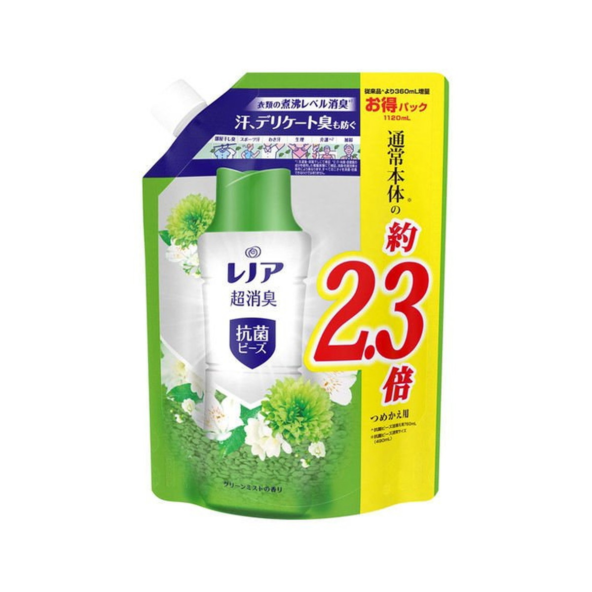 今日の超目玉】 PG レノア 超消臭 抗菌ビーズ グリーンミストの香り つめかえ用 特大 1120ml fucoa.cl